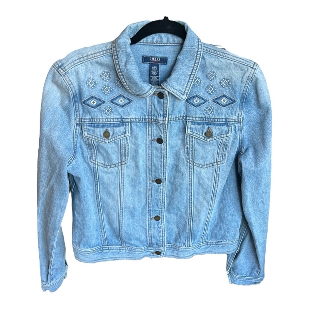 VTG Chaps Women Blue Denim Embroidered Jean Jacket Western Coastal Cowgirl Sz L